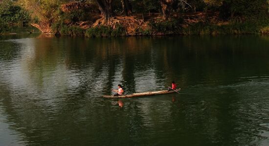 Lush greenery of Don Khong in Laos for a vibrant Don Khong Tours banner with Legend Travel Group.